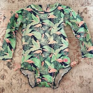 Ruffle Butts Green and Pink Flamingo Rashguard